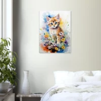 Douceur Florale : Chaton parmi les Fleurs en Aquarelle douceur florale : chaton parmi les fleurs en aquarelle