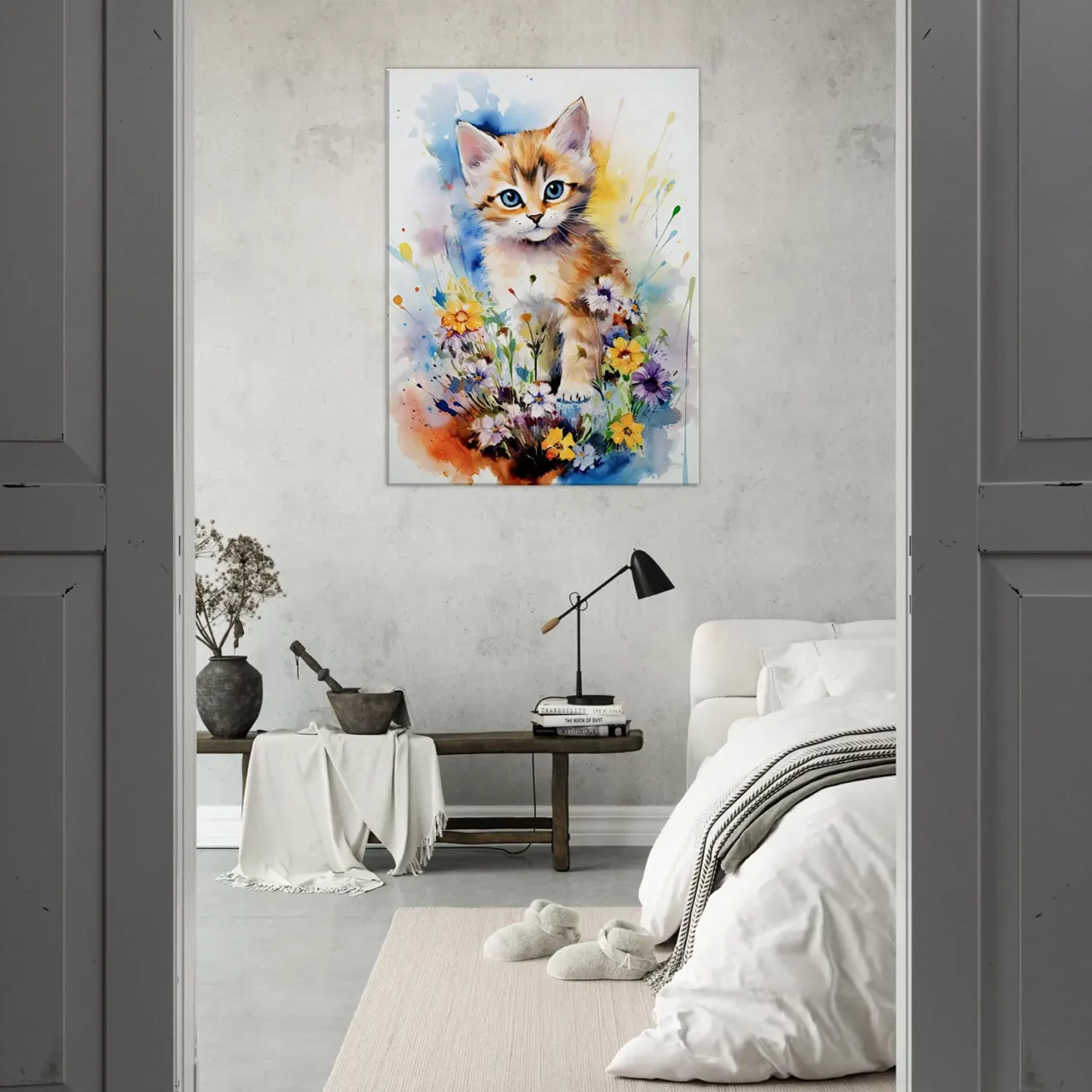 Douceur Florale : Chaton parmi les Fleurs en Aquarelle douceur florale : chaton parmi les fleurs en aquarelle