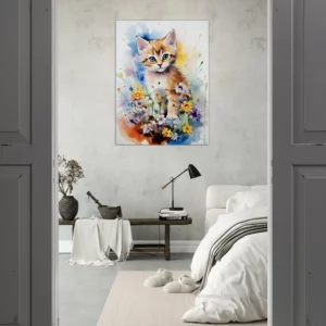 Douceur Florale : Chaton parmi les Fleurs en Aquarelle douceur florale : chaton parmi les fleurs en aquarelle