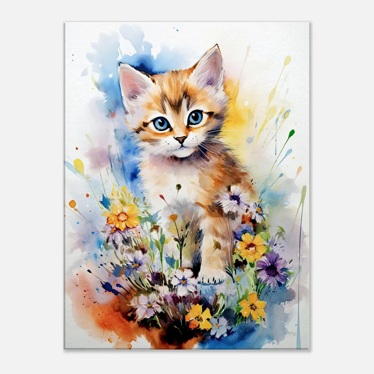 Douceur Florale : Chaton parmi les Fleurs en Aquarelle douceur florale : chaton parmi les fleurs en aquarelle