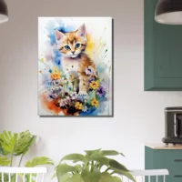Douceur Florale : Chaton parmi les Fleurs en Aquarelle douceur florale : chaton parmi les fleurs en aquarelle