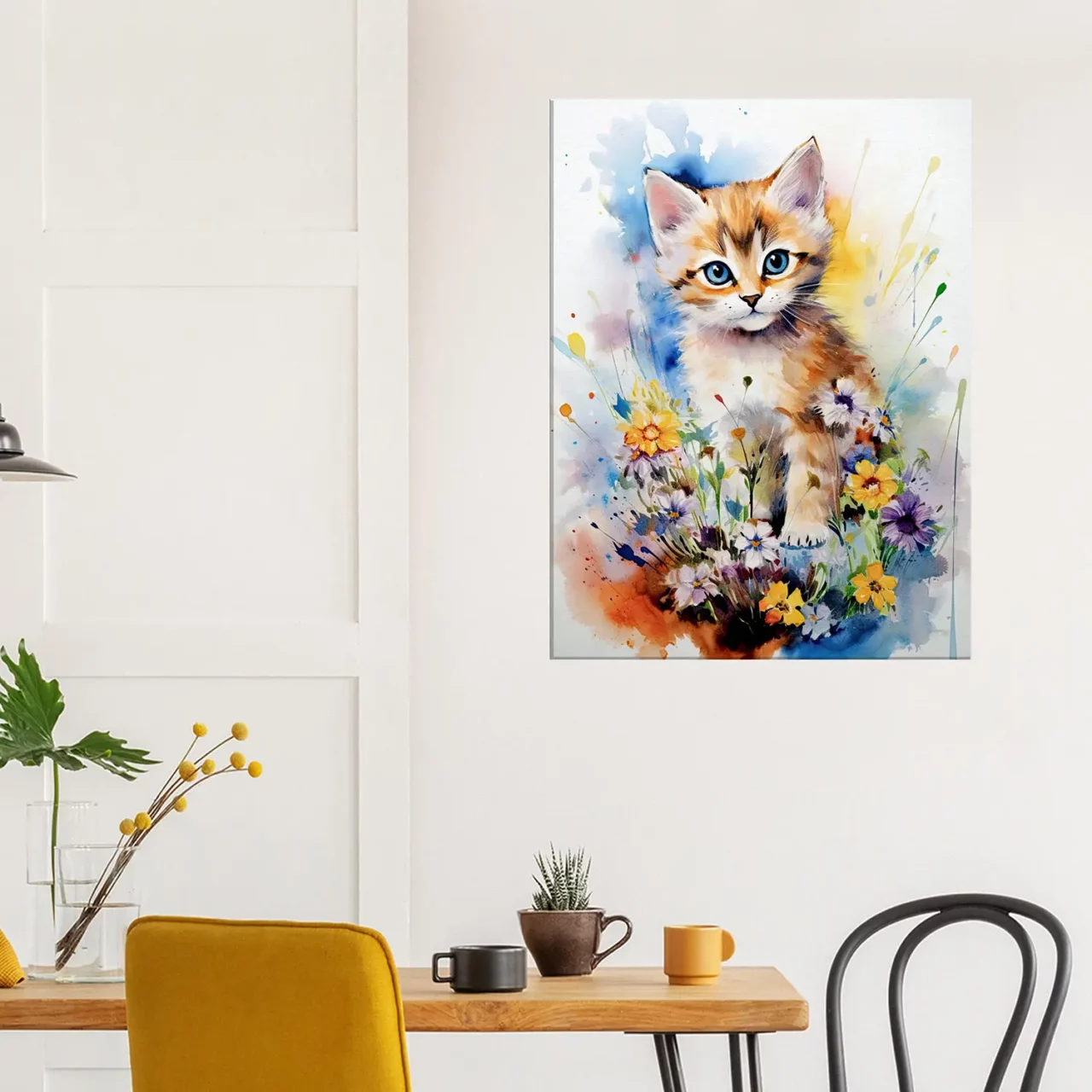 Douceur Florale : Chaton parmi les Fleurs en Aquarelle douceur florale : chaton parmi les fleurs en aquarelle