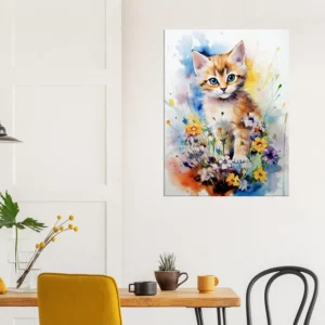 Douceur Florale : Chaton parmi les Fleurs en Aquarelle douceur florale : chaton parmi les fleurs en aquarelle