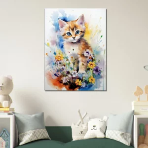 douceur florale : chaton parmi les fleurs en aquarelle