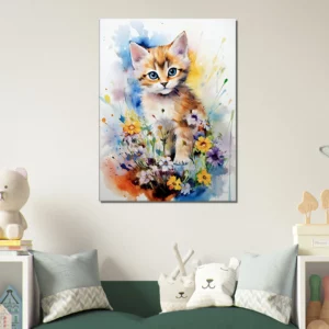 Douceur Florale : Chaton parmi les Fleurs en Aquarelle douceur florale : chaton parmi les fleurs en aquarelle