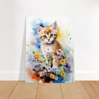 Douceur Florale : Chaton parmi les Fleurs en Aquarelle douceur florale : chaton parmi les fleurs en aquarelle