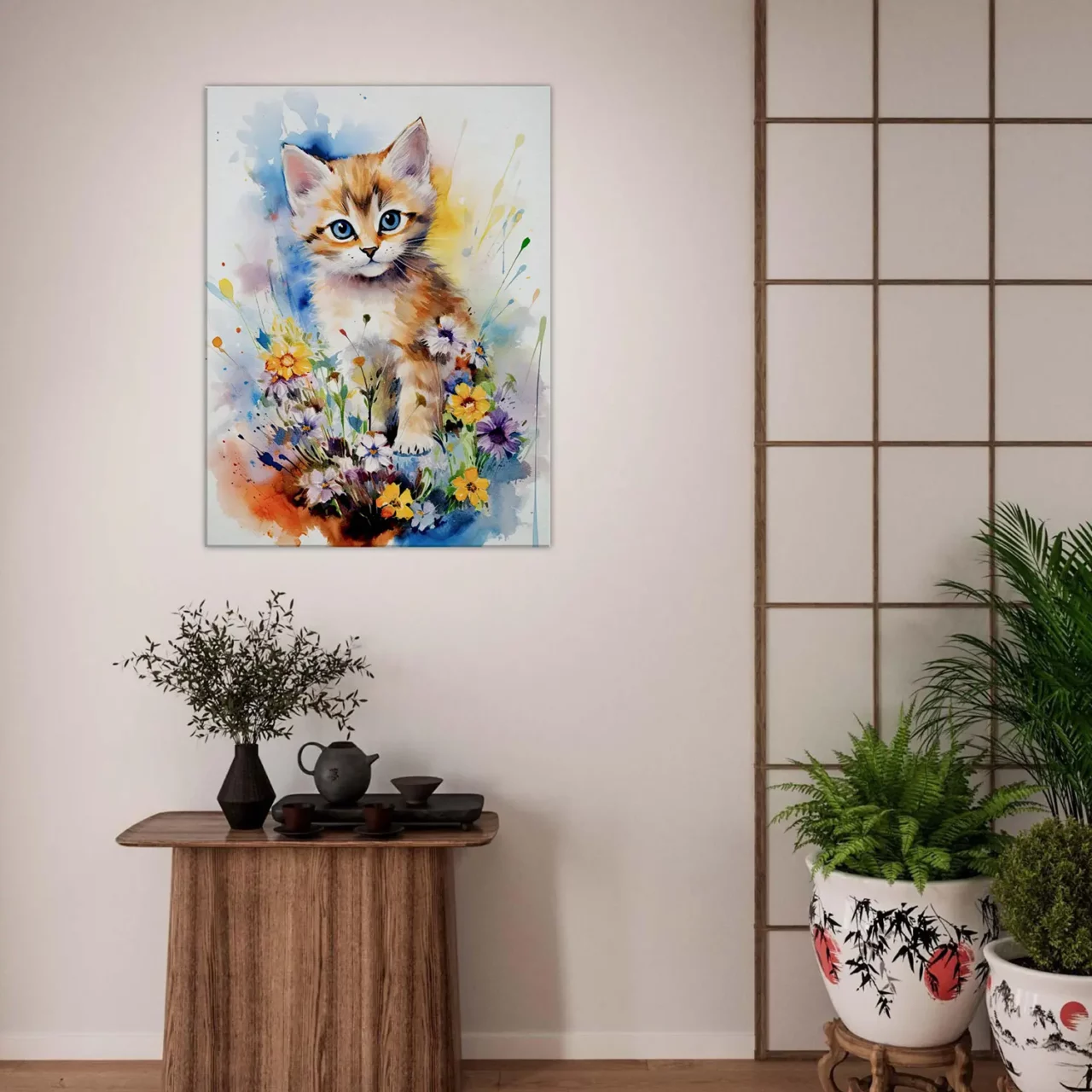 Douceur Florale : Chaton parmi les Fleurs en Aquarelle douceur florale : chaton parmi les fleurs en aquarelle