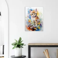 Douceur Florale : Chaton parmi les Fleurs en Aquarelle douceur florale : chaton parmi les fleurs en aquarelle