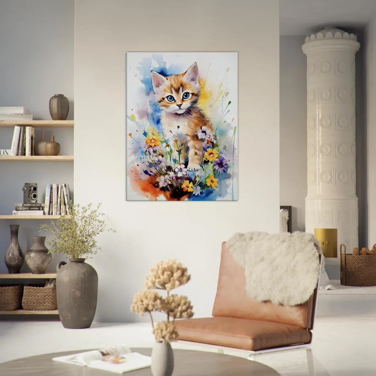 douceur florale : chaton parmi les fleurs en aquarelle