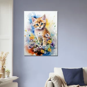 Douceur Florale : Chaton parmi les Fleurs en Aquarelle douceur florale : chaton parmi les fleurs en aquarelle