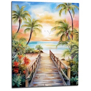 Aquarelle Évasion Tropicale Plage et palmiers