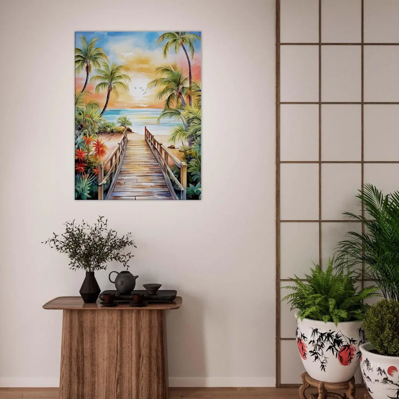 aquarelle Évasion tropicale plage et palmiers