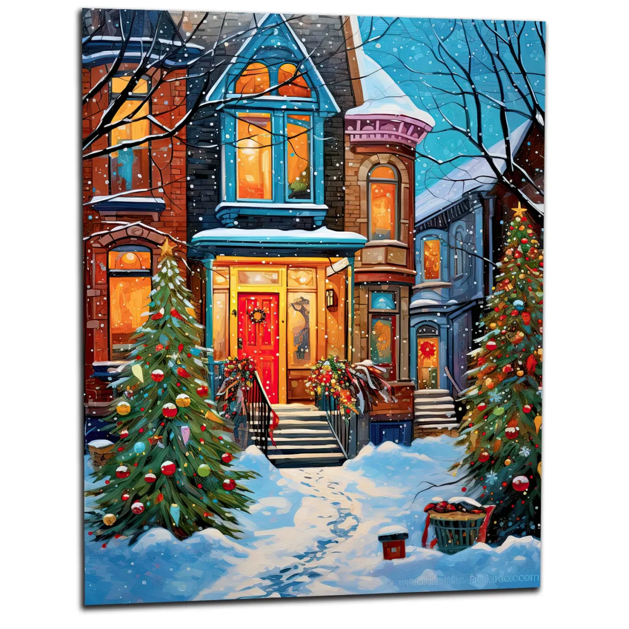 Tableau Chaleur festive de Noel dans une rue enneigée chaleur festive dans une rue enneigée