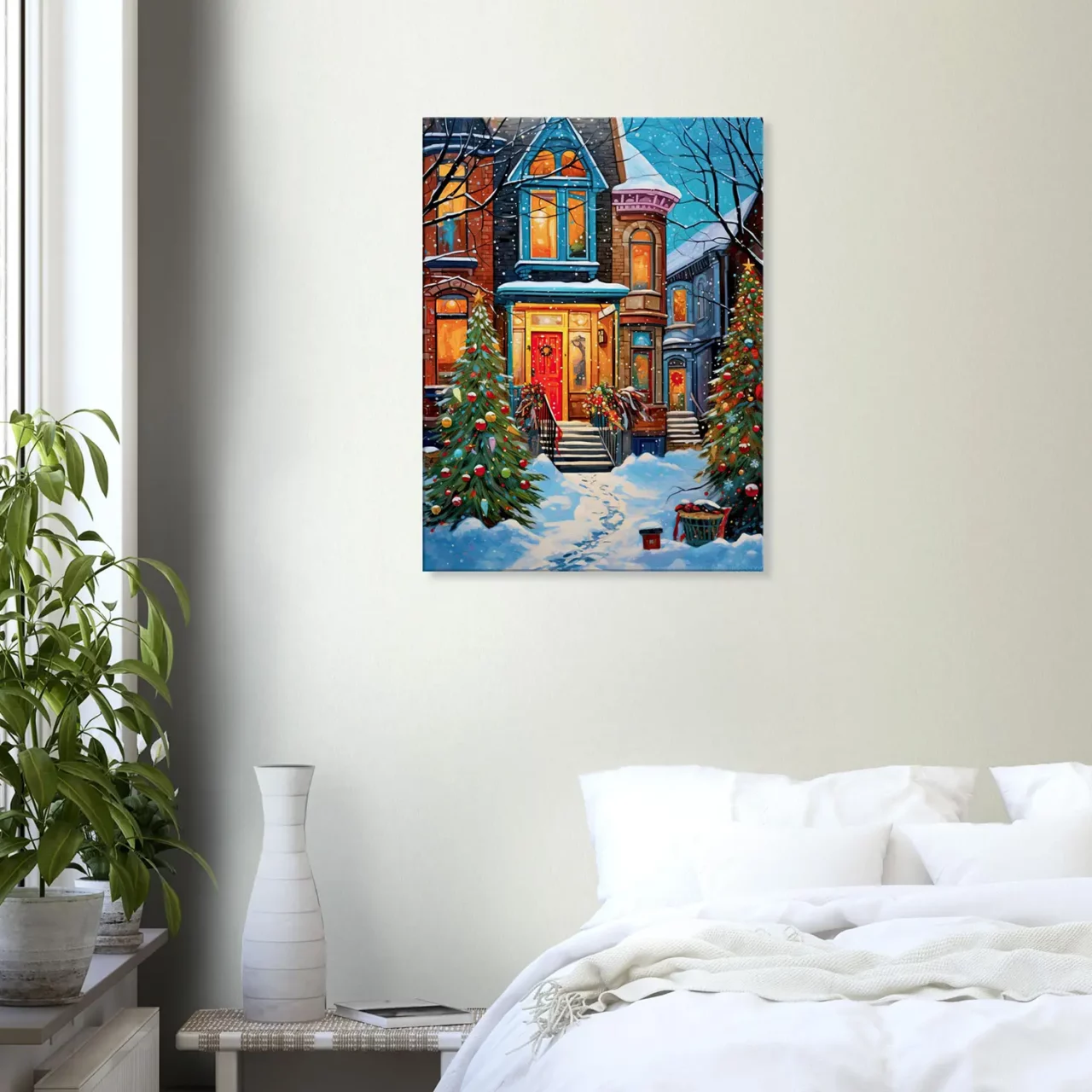 Tableau Chaleur festive de Noel dans une rue enneigée chaleur festive dans une rue enneigée