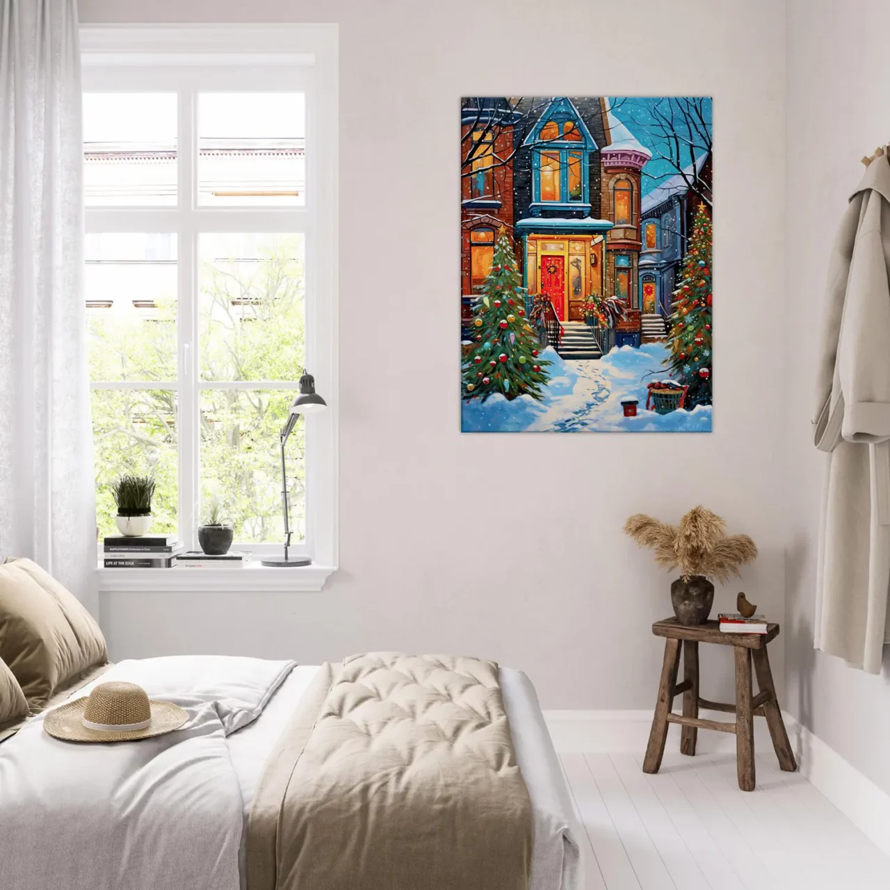 Tableau Chaleur festive de Noel dans une rue enneigée chaleur festive dans une rue enneigée