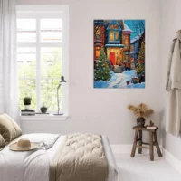 Tableau Chaleur festive de Noel dans une rue enneigée chaleur festive dans une rue enneigée