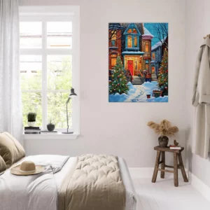 Tableau Chaleur festive de Noel dans une rue enneigée chaleur festive dans une rue enneigée