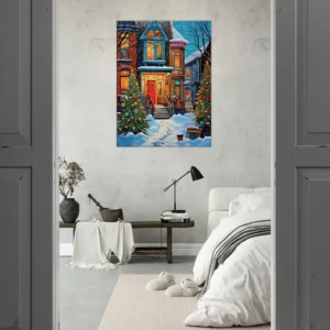 Tableau Chaleur festive de Noel dans une rue enneigée chaleur festive dans une rue enneigée