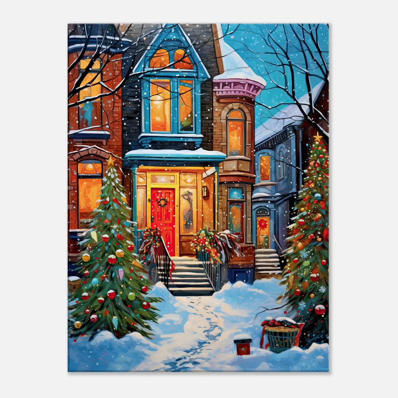 Tableau Chaleur festive de Noel dans une rue enneigée chaleur festive dans une rue enneigée