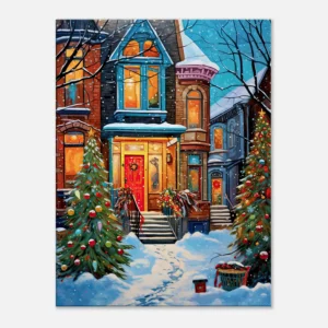 Tableau Chaleur festive de Noel dans une rue enneigée chaleur festive dans une rue enneigée