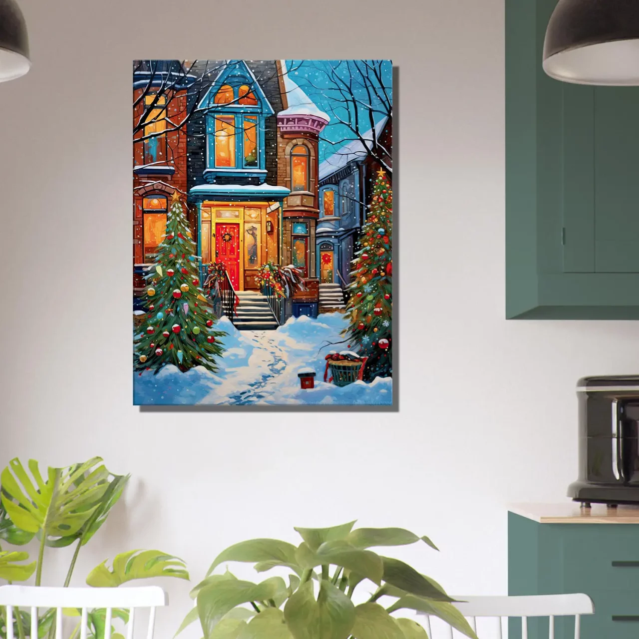 Tableau Chaleur festive de Noel dans une rue enneigée chaleur festive dans une rue enneigée