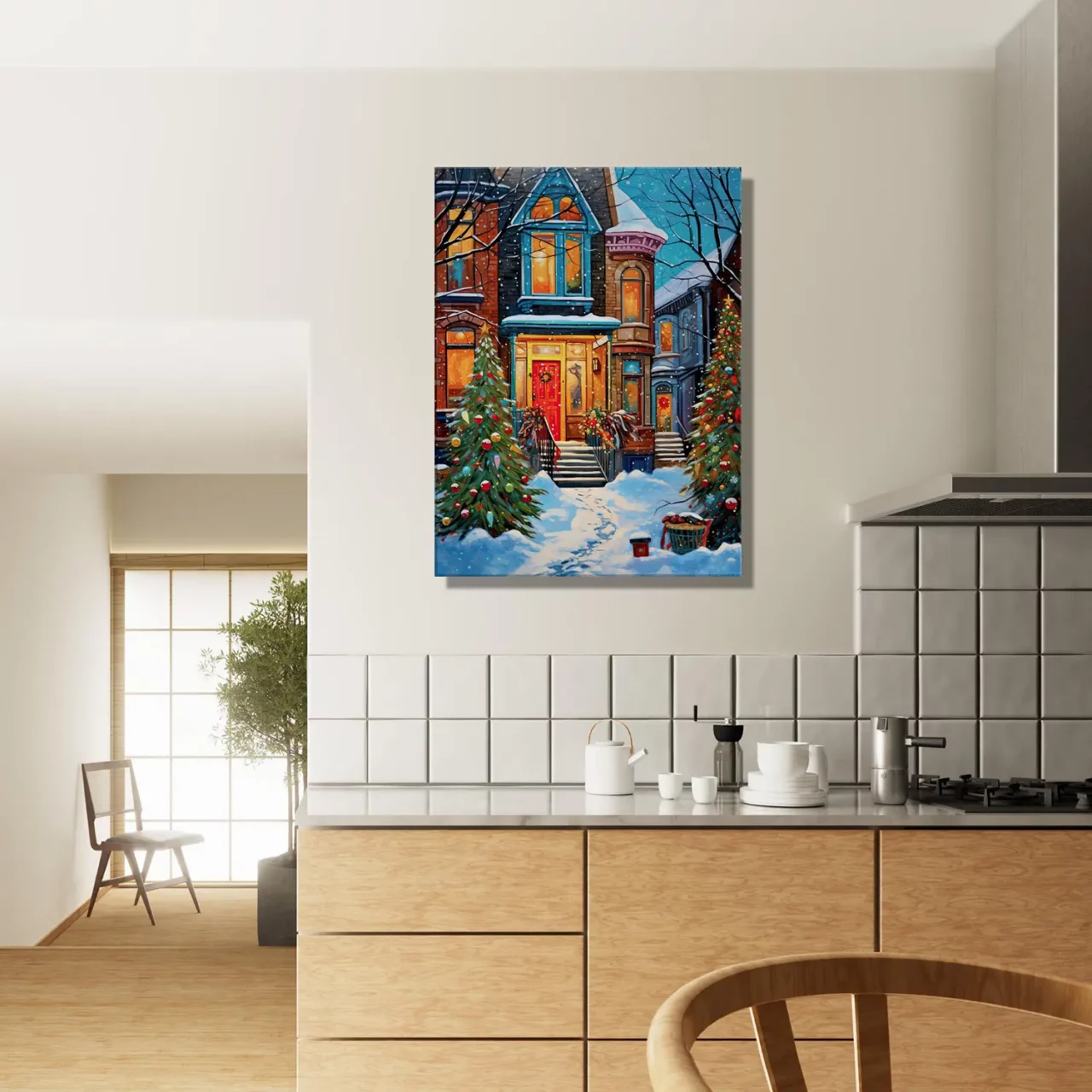 Tableau Chaleur festive de Noel dans une rue enneigée chaleur festive dans une rue enneigée