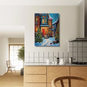 Tableau Chaleur festive de Noel dans une rue enneigée chaleur festive dans une rue enneigée