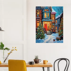 Tableau Chaleur festive de Noel dans une rue enneigée chaleur festive dans une rue enneigée