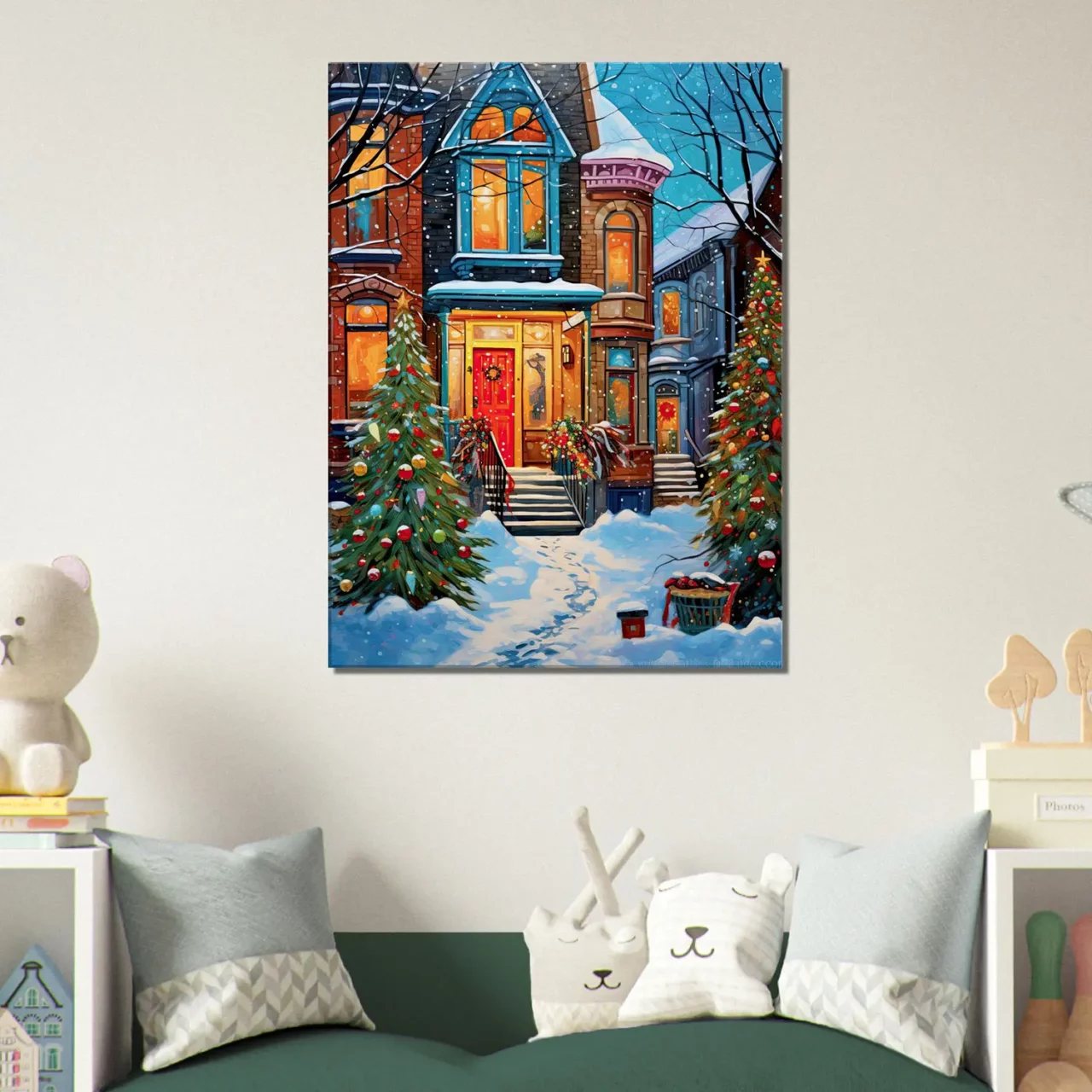 Tableau Chaleur festive de Noel dans une rue enneigée chaleur festive dans une rue enneigée