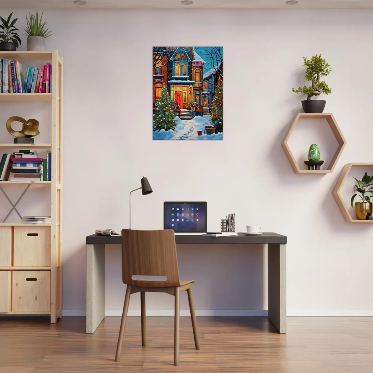 Tableau Chaleur festive de Noel dans une rue enneigée chaleur festive dans une rue enneigée