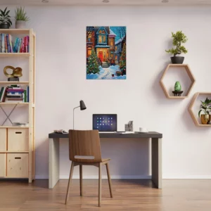 Tableau Chaleur festive de Noel dans une rue enneigée chaleur festive dans une rue enneigée