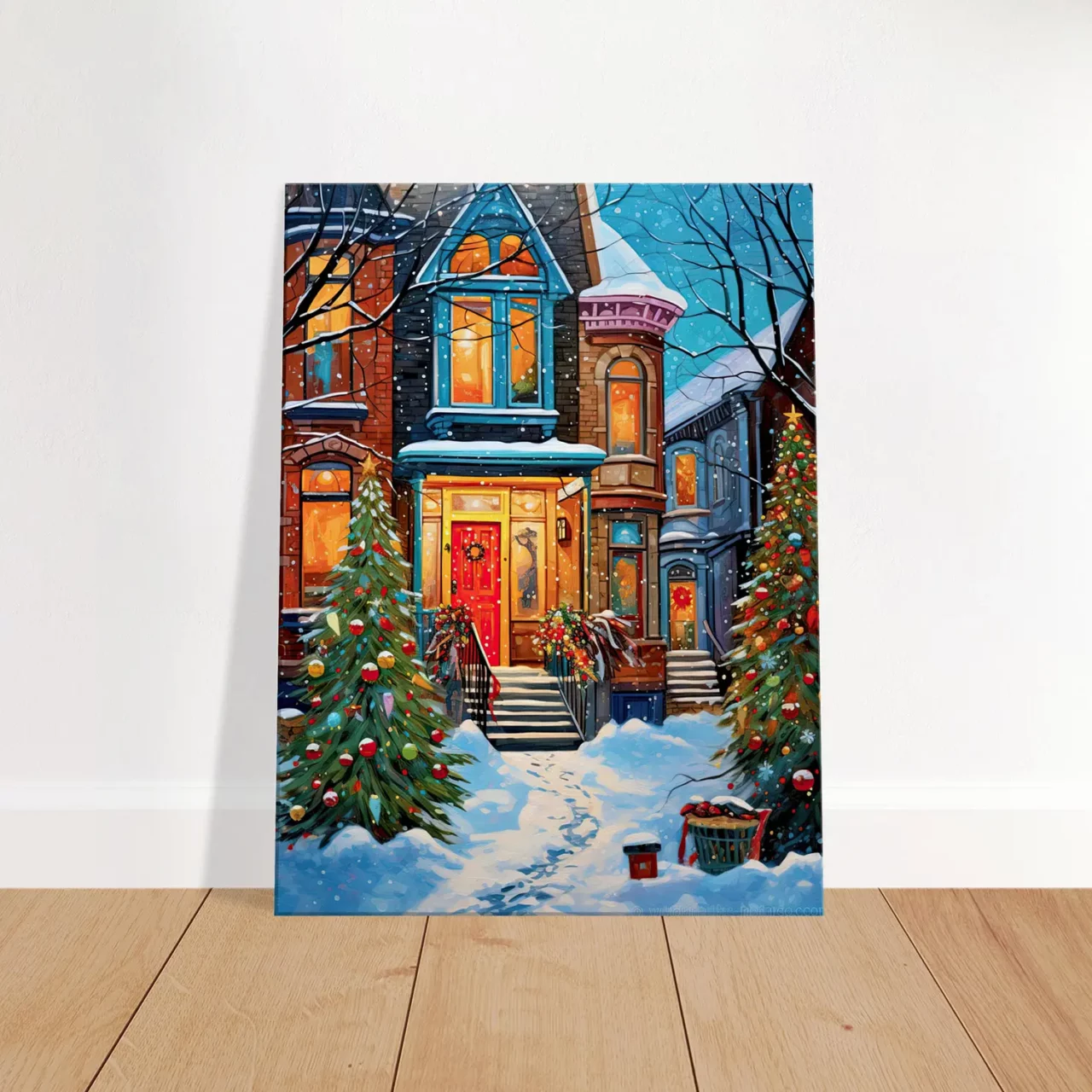 Tableau Chaleur festive de Noel dans une rue enneigée chaleur festive dans une rue enneigée