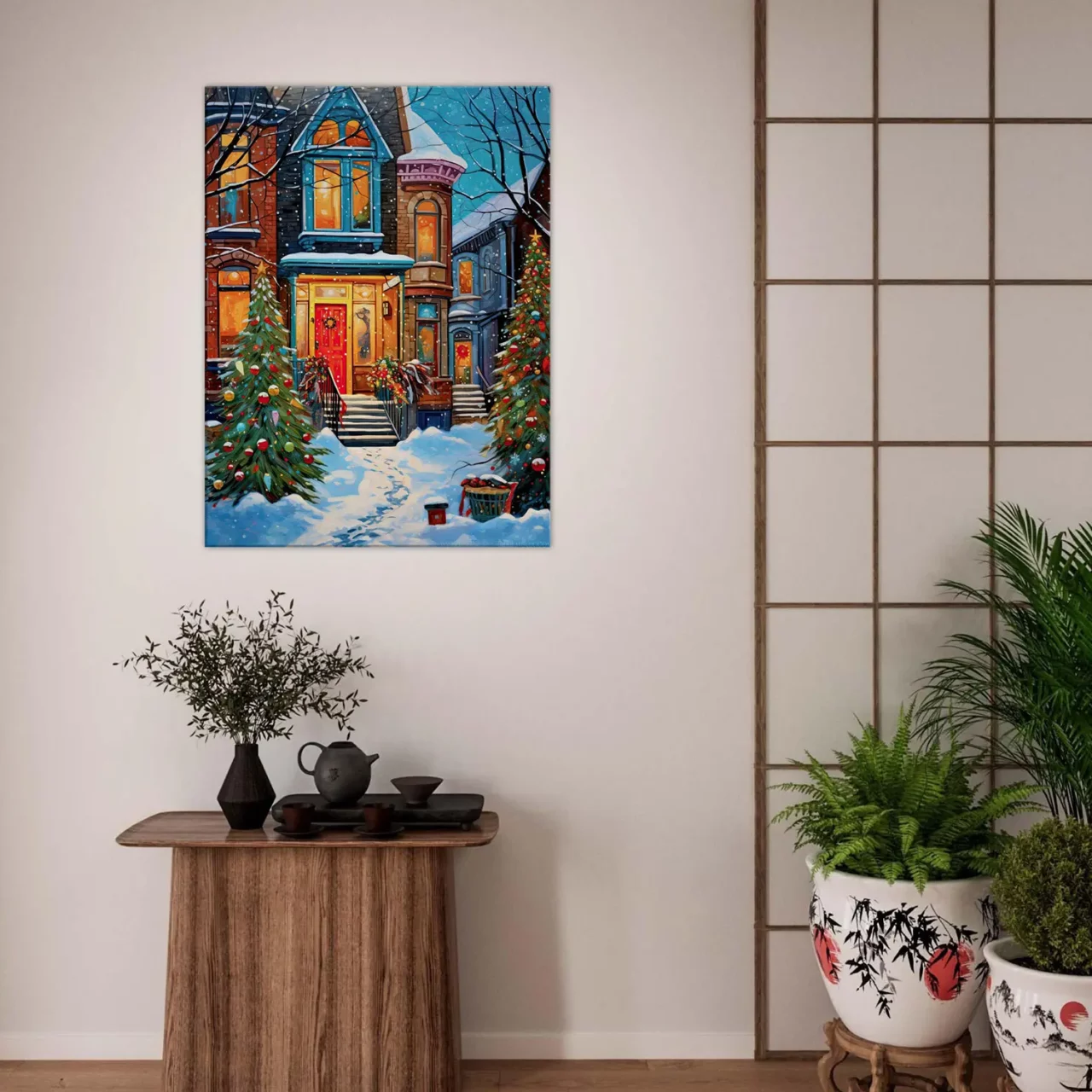 Tableau Chaleur festive de Noel dans une rue enneigée chaleur festive dans une rue enneigée