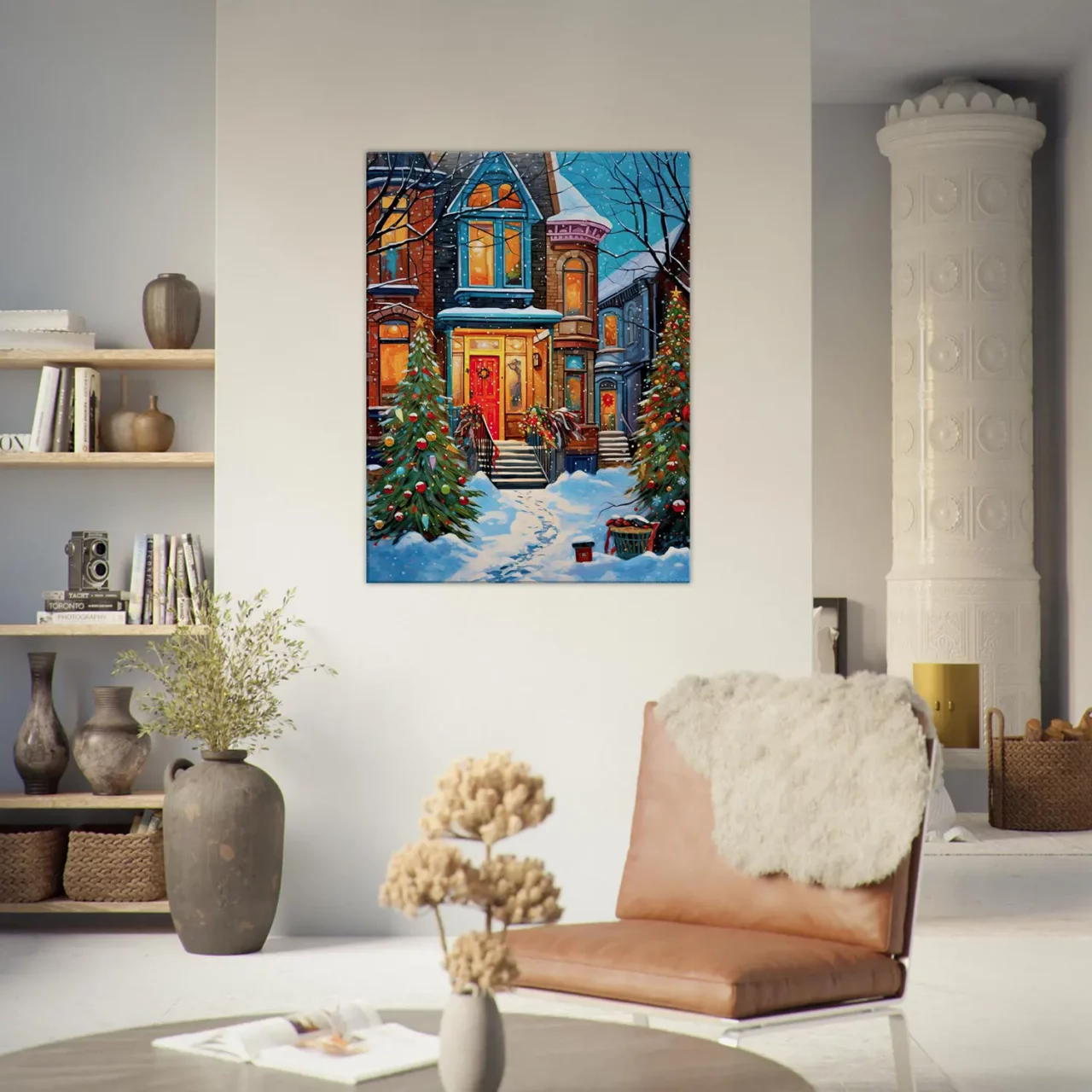 Tableau Chaleur festive de Noel dans une rue enneigée chaleur festive dans une rue enneigée