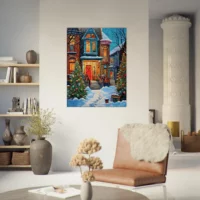 Tableau Chaleur festive de Noel dans une rue enneigée chaleur festive dans une rue enneigée
