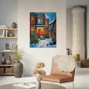 Tableau Chaleur festive de Noel dans une rue enneigée chaleur festive dans une rue enneigée