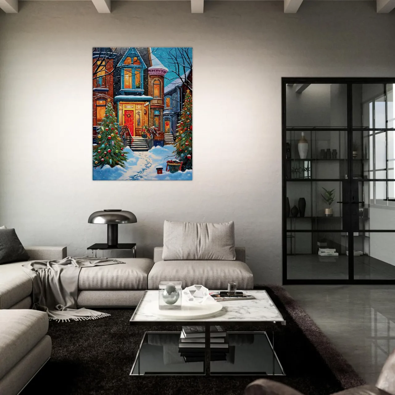Tableau Chaleur festive de Noel dans une rue enneigée chaleur festive dans une rue enneigée