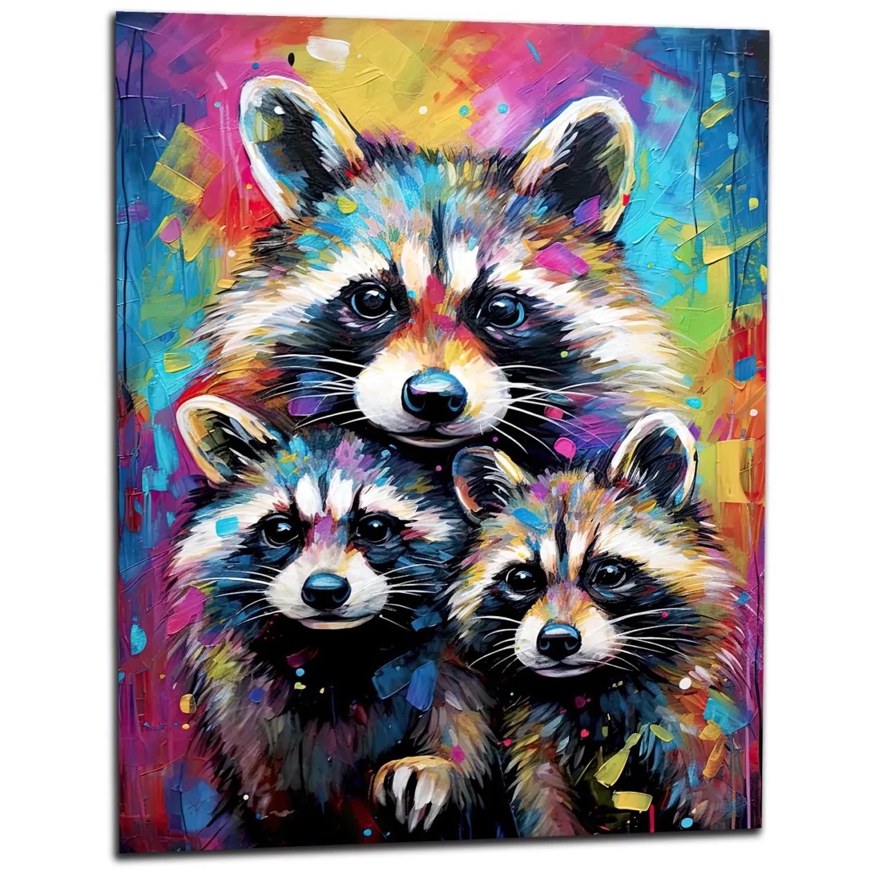 Cadre Curiosité Colorée  Trio de Raton-Laveurs curiosité colorée trio de raton laveurs
