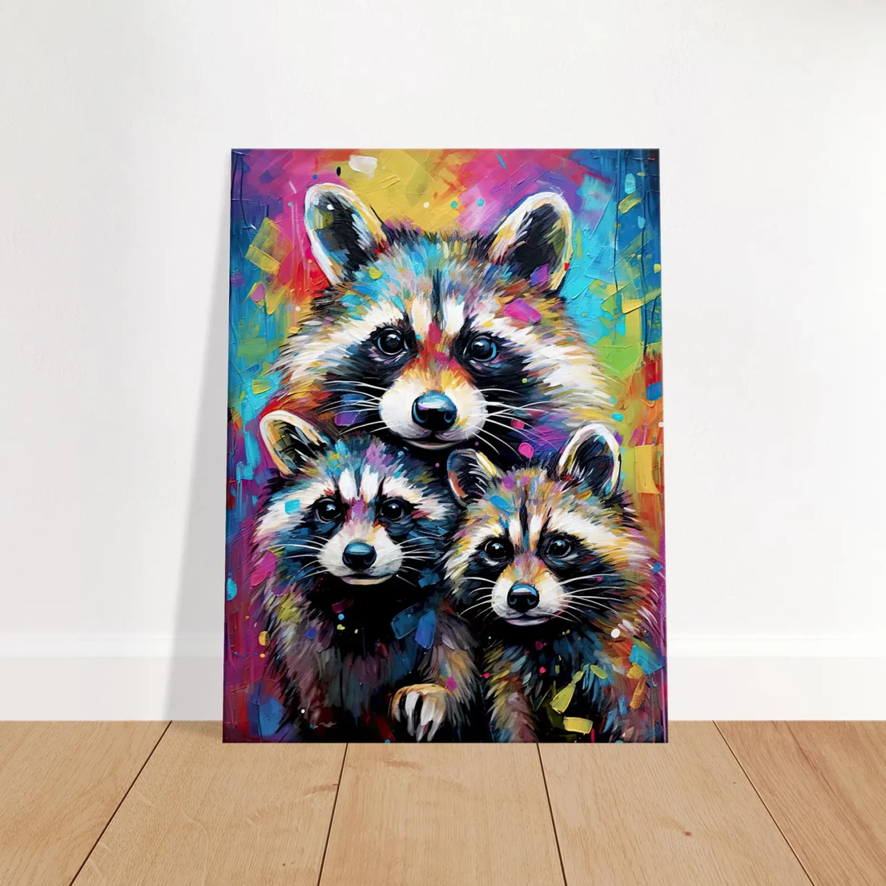 Cadre Curiosité Colorée  Trio de Raton-Laveurs curiosité colorée trio de raton laveurs