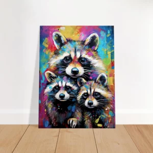 Cadre Curiosité Colorée  Trio de Raton-Laveurs curiosité colorée trio de raton laveurs