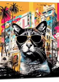 art urbain : chat cool et architecture colorée