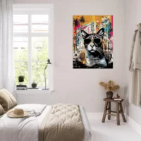 art urbain : chat cool et architecture colorée