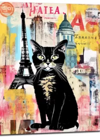 Elégance Parisienne Chat sur Fond de Collage Urbain elégance parisienne chat sur fond de collage urbain