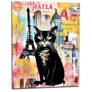 Elégance Parisienne Chat sur Fond de Collage Urbain