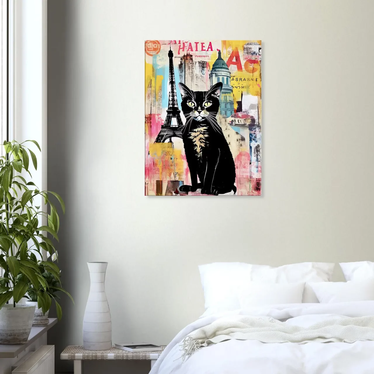 elégance parisienne chat sur fond de collage urbain