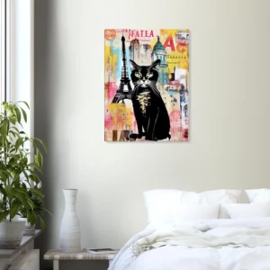 elégance parisienne chat sur fond de collage urbain