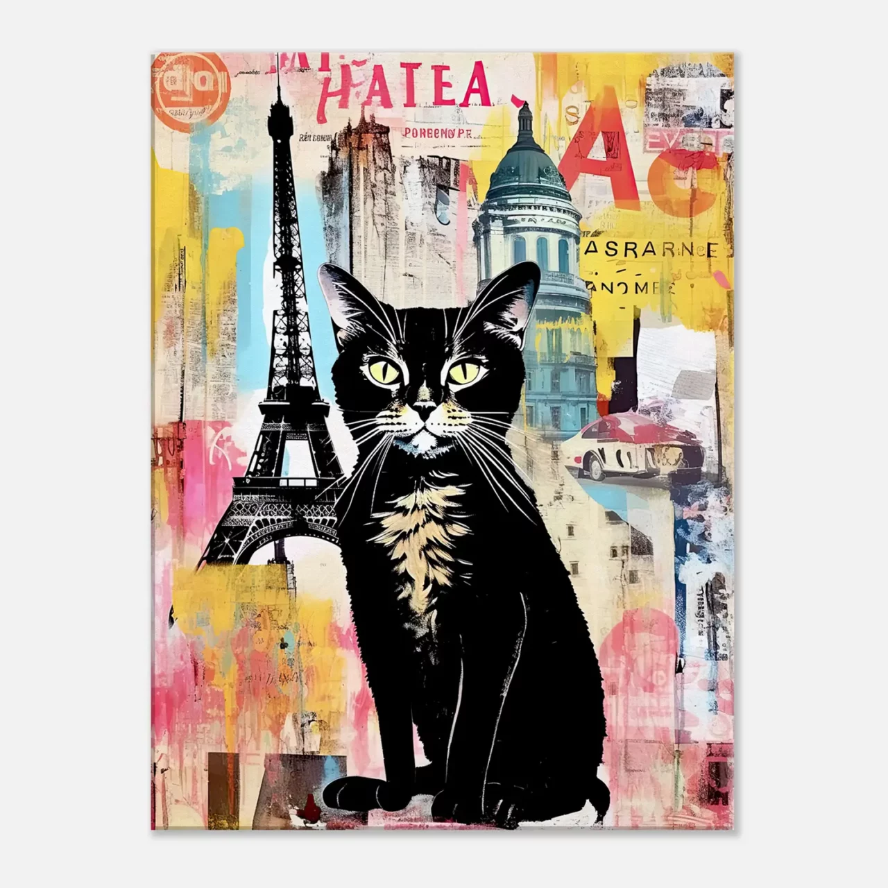 elégance parisienne chat sur fond de collage urbain
