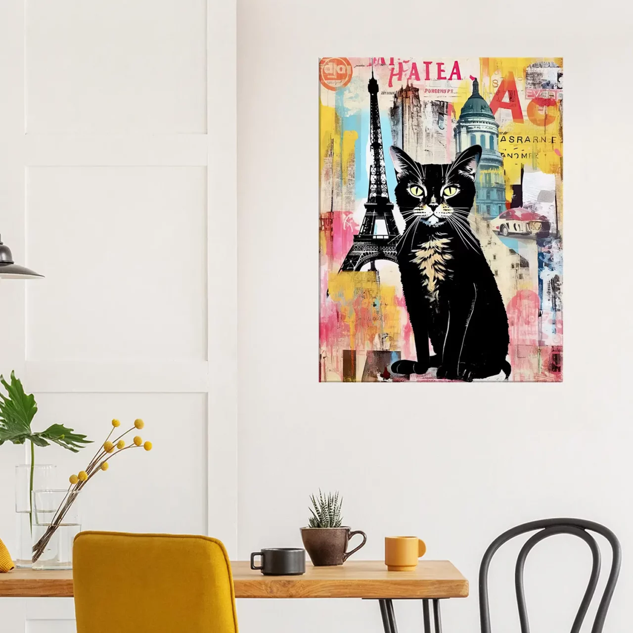 elégance parisienne chat sur fond de collage urbain