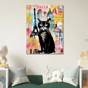 elégance parisienne chat sur fond de collage urbain