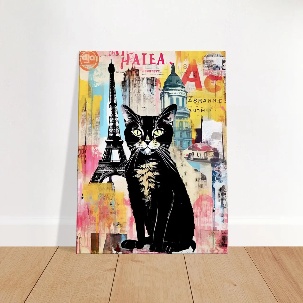 elégance parisienne chat sur fond de collage urbain